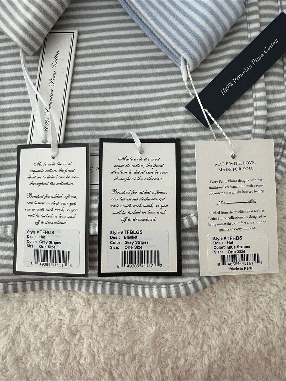Petite Plume Baby Stripe Hat & Blanket Set 100% Peruvian Pima Cotton